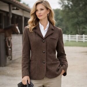 Brown Tweed Blazer Jacket Womens Size Contrast Trim Equesterian Academia Vintage